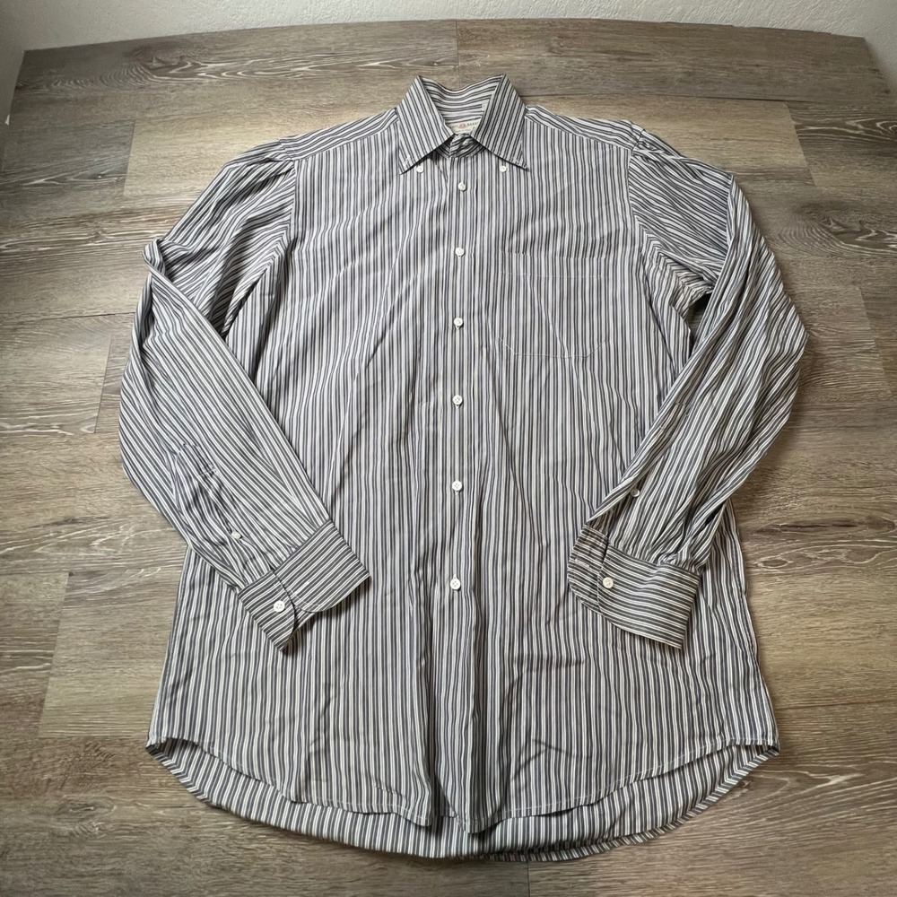 Vintage Luciano Barbera Shirt Mens 16 41 Grey Striped Long Sleeve Down Italy
